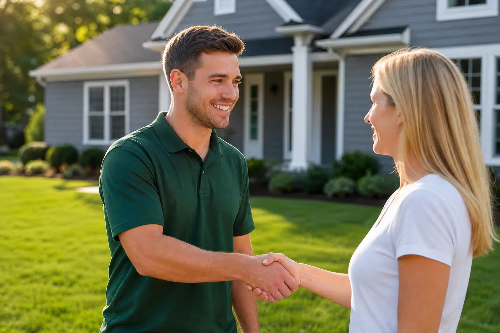 A crew member talks with a homeowner next to a freshly laid lawn