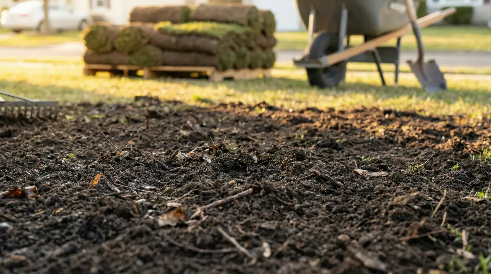 Fresh sod lawn laid over a composted topsoil bed