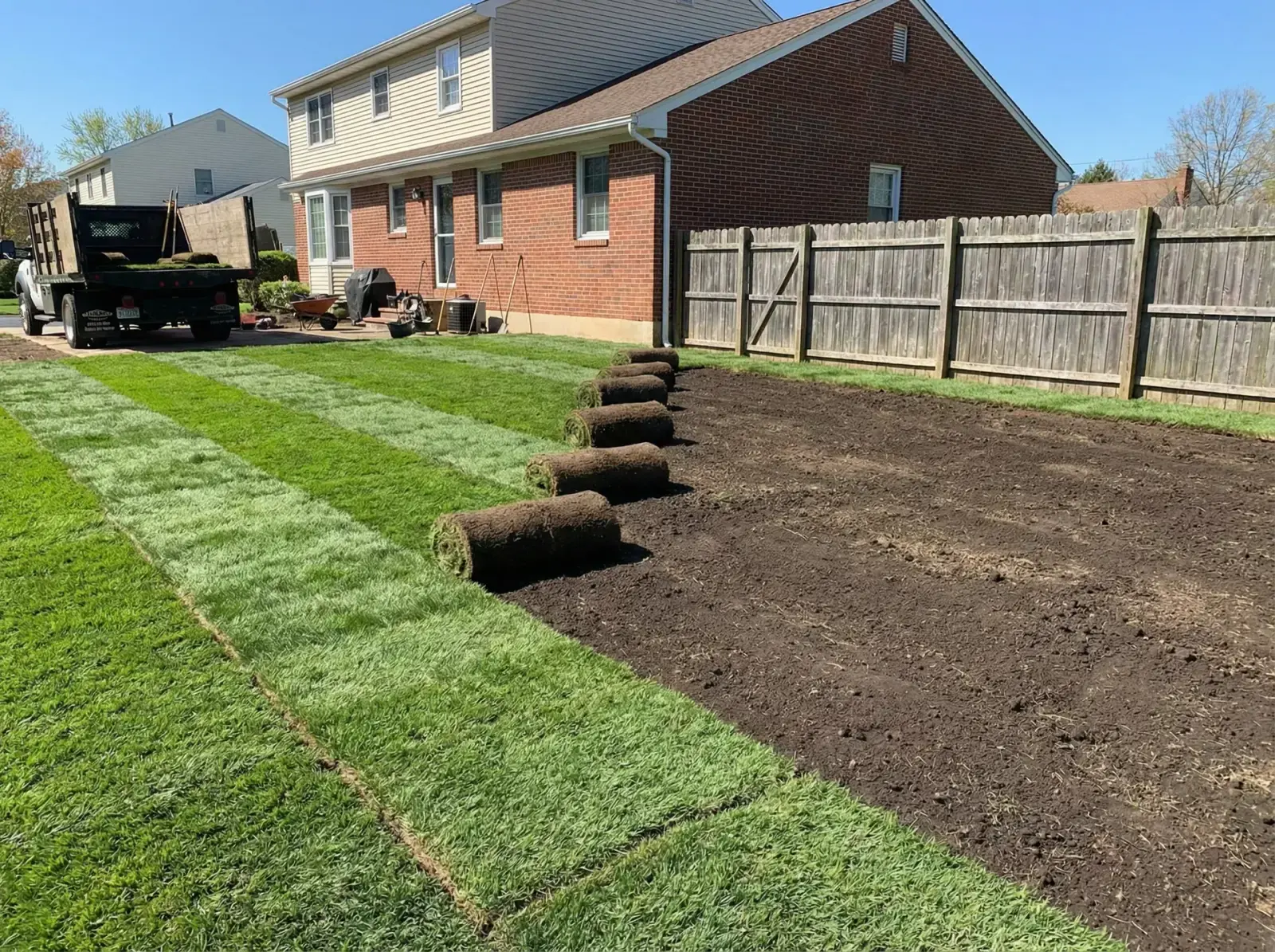 Crew rolling out fresh sod on a prepared Atlantic County lawn