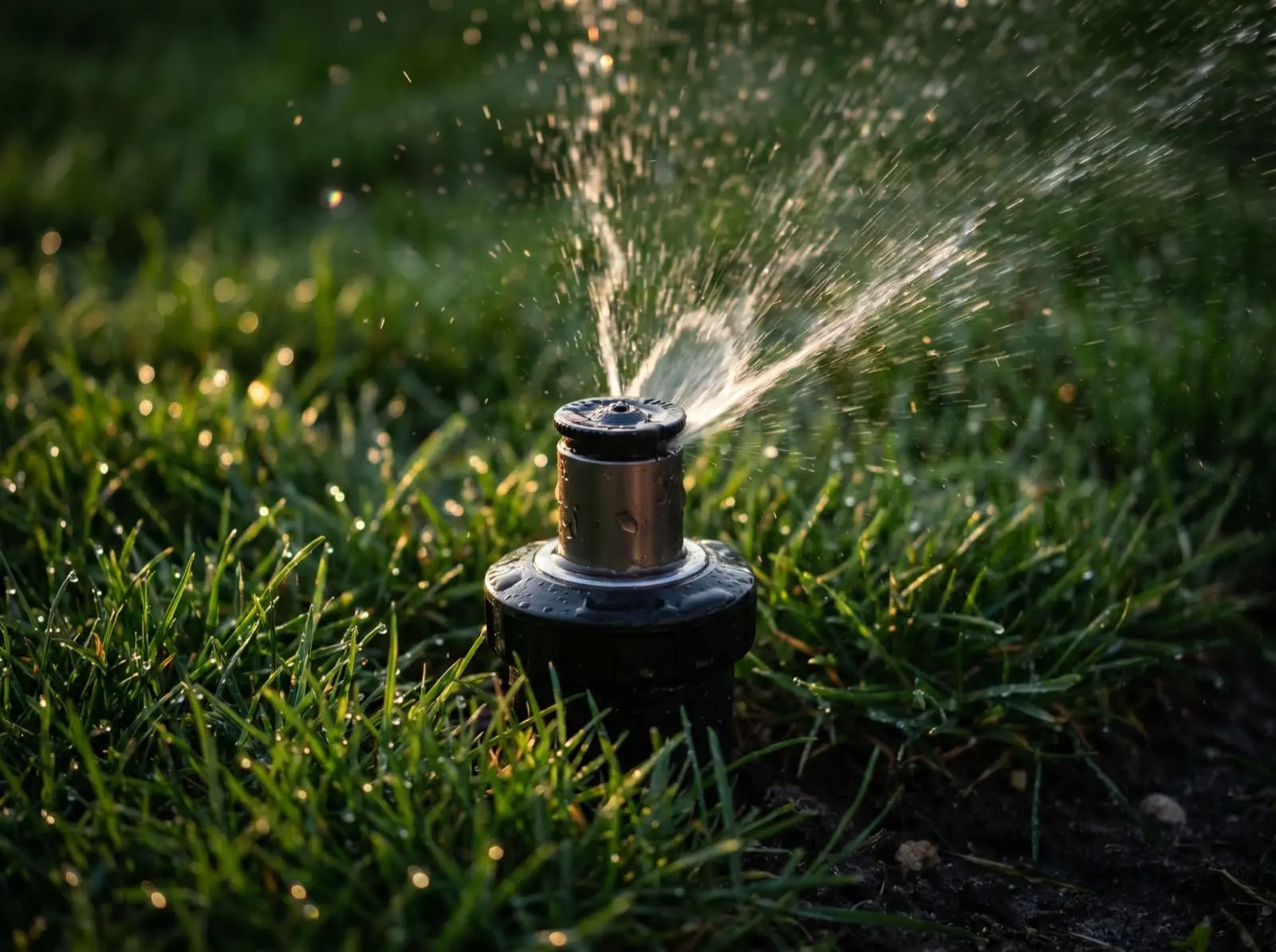 Close view of a sprinkler head spraying grass