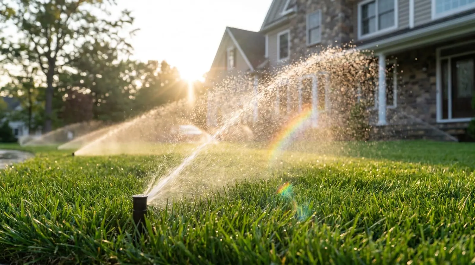 Sprinkler zones spraying a lawn in the early light
