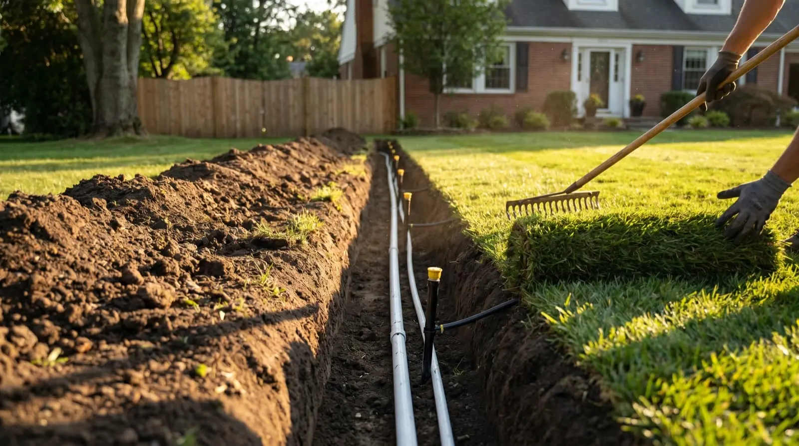 New sprinkler pipe being installed under a lawn